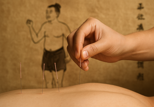Sesión de acupuntura tradicional con enfoque en la técnica manual, integración de la medicina tradicional china en la práctica occidental.
