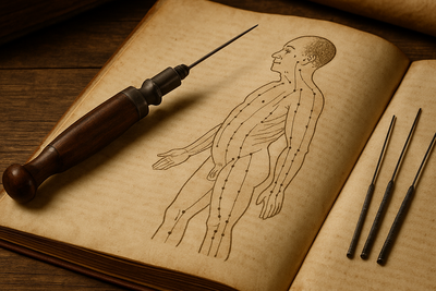 Instrumentos antiguos de punción y libro médico antiguo, evocación del trabajo de Carl Baunscheidt en el siglo XIX.