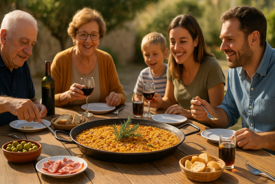 Familia valenciana disfrutando de una paella al aire libre, con ramas de romero en el centro, mesa con aperitivos, pan, vino y un ambiente soleado de domingo.