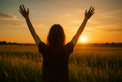 Mujer de espaldas con los brazos levantados, de pie en un campo de hierba verde, al atardecer, disfrutando de la puesta de sol.