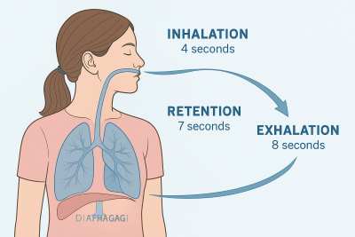 Ilustración médica digital de una mujer practicando la técnica de respiración 4-7-8, mostrando el flujo de aire en los pulmones y el diafragma, con etiquetas que indican los tiempos de inhalación, retención y exhalación.