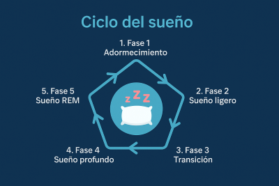 Infografía pentagonal del ciclo del sueño con flechas turquesa y cinco fases ordenadas en los vértices: 1 Adormecimiento, 2 Sueño ligero, 3 Transición, 4 Sueño profundo, 5 Sueño REM.