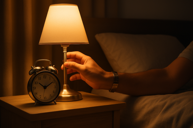 Mano apagando lámpara de mesita de noche junto a un reloj despertador clásico a las 3:30 a.m., en un dormitorio con luz cálida y ambiente tranquilo.