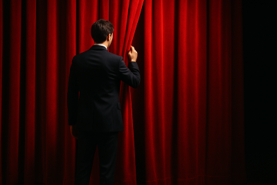 Hombre de espaldas con traje oscuro a punto de abrir un telón rojo aterciopelado en un escenario iluminado dramáticamente.
