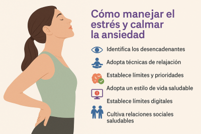 Infografía con consejos sobre cómo manejar el estrés y la ansiedad, mostrando a una mujer meditando y seis recomendaciones con íconos ilustrativos.