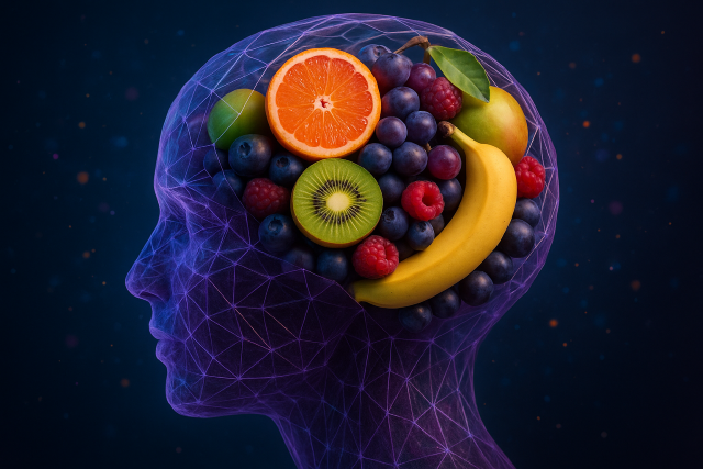Cabeza humana estilizada con estructura cristalina llena de frutas frescas, representando el vínculo entre alimentación y salud mental.