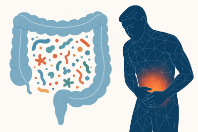Ilustración de un intestino con bacterias y figura humana con dolor abdominal, representando el desequilibrio de la microbiota intestinal.