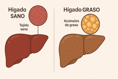 Comparación visual entre un hígado sano y un hígado graso, con detalles ampliados del tejido hepático y los acúmulos de grasa.