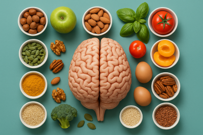 Modelo anatómico de cerebro rodeado de alimentos saludables en pequeños cuencos blancos sobre fondo verde azulado.