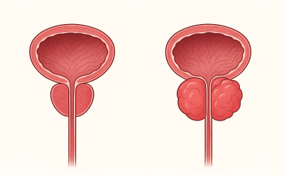 Ilustración médica comparativa de próstata saludable y próstata agrandada debajo de la vejiga masculina.