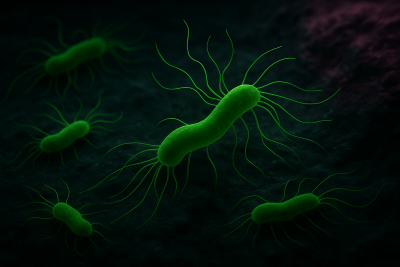 Ilustración artística de Helicobacter pylori con flagelos verdes sobre tejido gástrico oscuro.