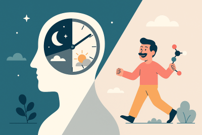 Ilustración vectorial de ritmo circadiano con cabeza humana y reloj dividido entre día y noche.