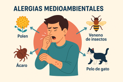 Infografía sobre alergias medioambientales con ilustraciones de polen, ácaro, veneno de insectos y pelo de gato, mostrando un hombre con síntomas.