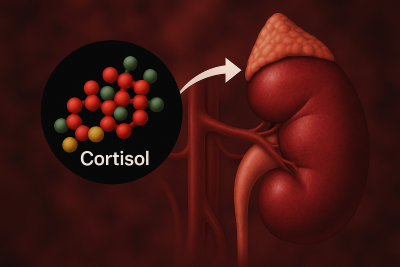 Estructura molecular del cortisol junto a un riñón humano y su glándula suprarrenal, conectados por una flecha indicativa.