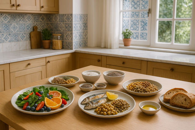 Interior realista de cocina mediterránea moderna con mesa llena de alimentos frescos típicos de la dieta mediterránea.