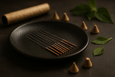 Conjunto de agujas de acupuntura sobre plato negro con elementos de moxibustión y hojas verdes.