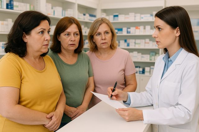 Tres mujeres con sobrepeso moderado consultan a una farmacéutica en una farmacia, quien les informa con seriedad que Ozempic requiere receta médica.