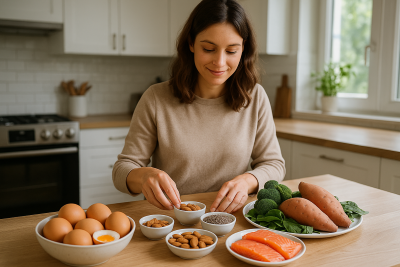 Mujer joven en cocina moderna organizando alimentos ricos en biotina como huevos, salmón, batatas, brócoli, frutos secos y semillas.