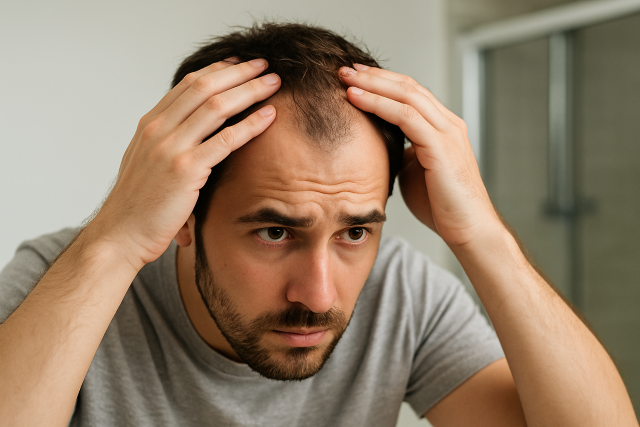 Hombre joven con entradas pronunciadas se examina el cuero cabelludo frente al espejo, mostrando signos de alopecia precoz.
