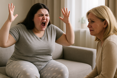 Discusión entre madre e hija en un entorno doméstico, la joven grita con los brazos levantados mientras la madre muestra sufrimiento.