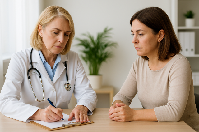 Doctora de mediana edad escribe en un portapapeles frente a una paciente también de mediana edad, manos juntas, en una consulta médica luminosa.