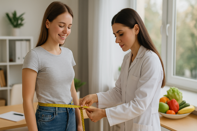 Nutricionista midiendo la cintura de una paciente joven con cinta métrica, en consulta de dietética, con frutas y verduras frescas al fondo.