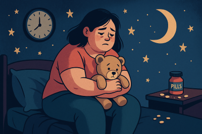 Ilustración artística de una joven con sobrepeso sentada en la cama, abrazando un oso de peluche, en una habitación oscura con estrellas, luna creciente, un reloj de madrugada y un frasco de pastillas para dormir en la mesilla.
