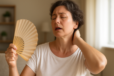 Mujer de mediana edad con cabello corto y ondulado abanicándose con un abanico de madera mientras se toca la nuca; expresión de sofoco por la menopausia en un salón con luz natural.