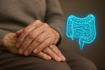Manos entrelazadas de una persona mayor junto a un holograma del intestino, simbolizando la relación entre salud intestinal y envejecimiento.