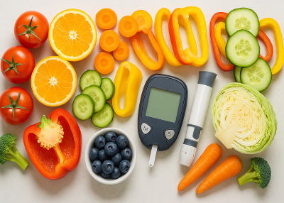 Frutas y verduras frescas variadas junto a un medidor de glucosa en sangre y una lanceta, representando la relación entre dieta saludable y control de la diabetes.