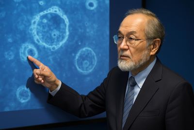 Yoshinori Ohsumi, Premio Nobel de Medicina, señalando una imagen microscópica proyectada en una pantalla azul durante una presentación científica.