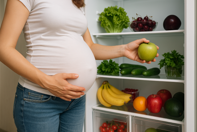 Mujer joven embarazada frente a un refrigerador abierto, acariciando su vientre con una mano y sujetando una manzana verde con la otra, rodeada de alimentos frescos y saludables.