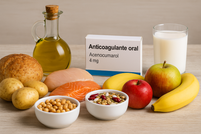 Imagen realista de alimentos bajos en vitamina K junto a una caja genérica de acenocumarol, representando la relación entre dieta y anticoagulantes orales.