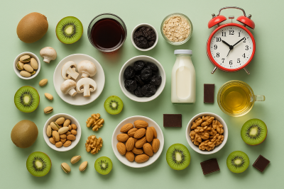 Vista aérea de alimentos ricos en melatonina como kiwi, champiñones, nueces, pistachos, leche, jugo de cereza y té de manzanilla junto a un reloj rojo.