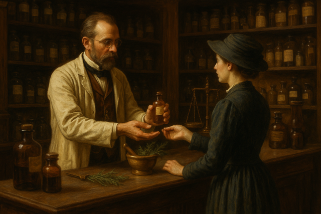 Boticario del siglo XIX entregando una preparación de hierbas medicinales a una clienta en una botica antigua.