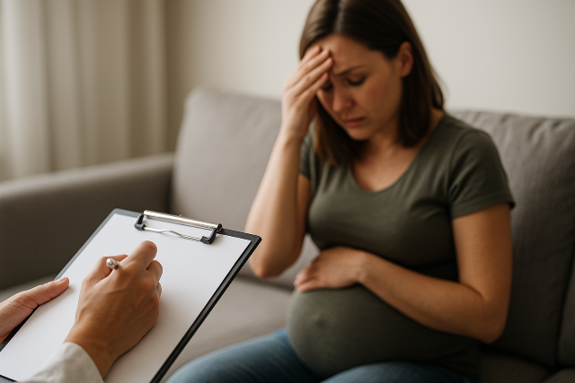 Mujer embarazada sentada en un sofá con gesto de angustia, mientras un profesional toma notas en un portapapeles durante una consulta psicológica o médica.