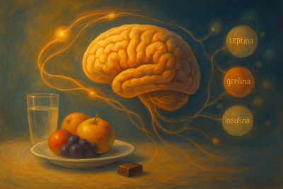 Ilustración artística que representa el cerebro conectado con las hormonas leptina, grelina e insulina y alimentos, simbolizando el control del apetito y el placer de comer.