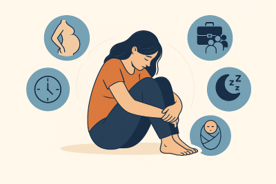 Ilustración de una mujer embarazada sentada en el suelo con expresión de tristeza, rodeada de iconos que representan causas de depresión gestacional como cambios físicos, falta de sueño, preocupaciones por el bebé, falta de tiempo personal y cambios sociales.
