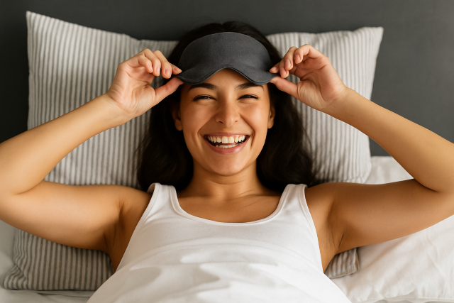 Mujer sonriente tumbada en la cama se quita una máscara de dormir gris, transmitiendo descanso, alegría y bienestar.