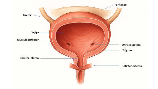 Ilustración anatómica de la vejiga urinaria humana en vista transversal, mostrando el peritoneo, los uréteres, el músculo detrusor, el trígono y los esfínteres.
