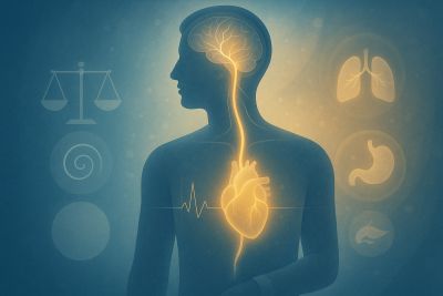 Ilustración conceptual del nervio vago descendiendo desde el cerebro hasta el corazón y el abdomen, con símbolos de equilibrio físico, emocional y respiratorio.