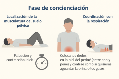 Infografía médica sobre la fase de concienciación en los ejercicios de suelo pélvico masculino: localización, palpación inicial y coordinación con la respiración.