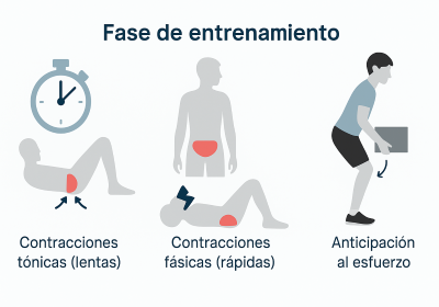Infografía médica sobre la fase de entrenamiento en los ejercicios de suelo pélvico masculino: contracciones lentas, rápidas y anticipación al esfuerzo.