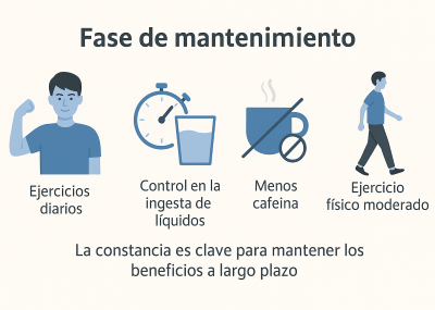 Infografía médica sobre la fase de mantenimiento y hábitos saludables para el suelo pélvico masculino: práctica diaria, tono muscular y medidas higiénico-dietéticas.