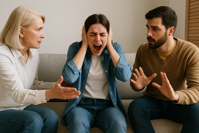 Escena de tres personas en un sofá, una joven grita con las manos en los oídos mientras un hombre y una mujer mayores intentan calmarla.