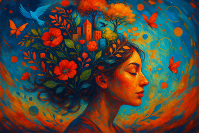 Ilustración digital surrealista de una mujer serena con los ojos cerrados, su cabello se transforma en flores, árboles, mariposas y edificios de colores vibrantes.