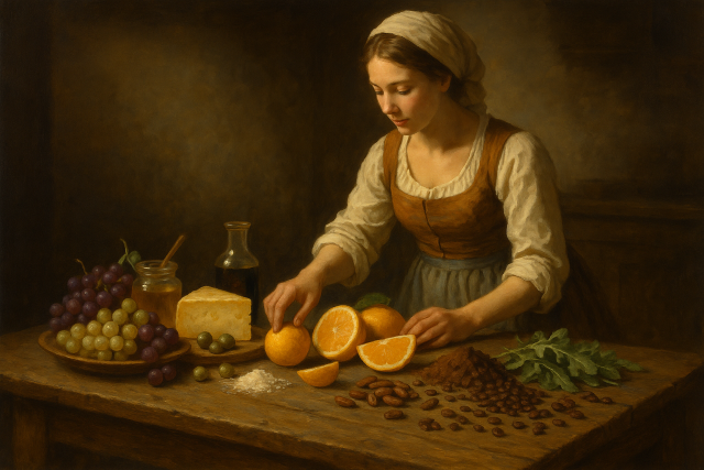 Bodegón clásico en una cocina antigua con una mujer de época disponiendo alimentos que representan los sabores dulce, salado, ácido y amargo sobre una mesa de madera.