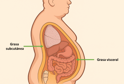 Pep19 péptido para reducir grasa visceral y mejorar el sueño, ilustración médica de torso humano en perfil con grasa subcutánea bajo la piel y grasa visceral en el abdomen.