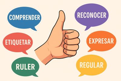 Mano con pulgar arriba al centro, rodeada de seis burbujas de color con las palabras Reconocer, Comprender, Etiquetar, Expresar, Regular y RULER (formato 16:9).