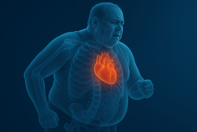 Ilustración holográfica en tonos azules de un hombre obeso corriendo, con el corazón resaltado en rojo brillante, mostrando tensión cardíaca durante el esfuerzo.
